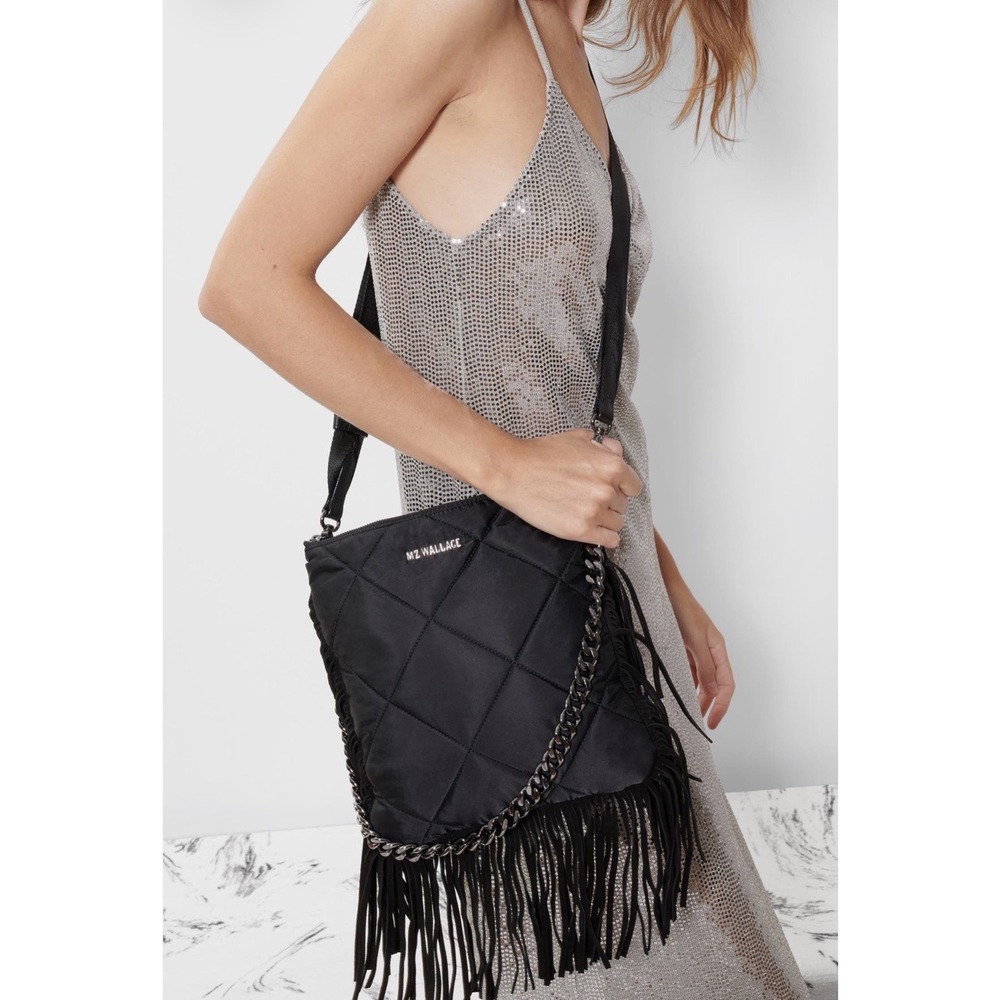 MZ Wallace Black Madison Flat Crossbody  XS Fringe Chain Strap Quilted Pouch NWT